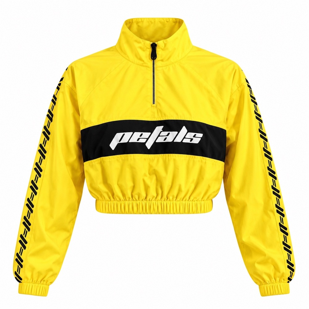 Petals and Peacocks Windbreaker Womens S Yellow Black Cropped Quarter Zip Jacket